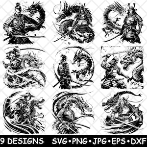 Samurai Dragon Warrior Japanese Katana Epic Battle Myth Laser File SVG PNG JPG Grayscale Burn Image Cut Vector Coaster Black White Cnc Wood
