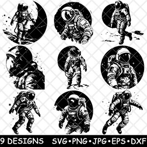 Astronauta Luna Rover Spazio Missione Esplorazione Viaggio Laser File SVG PNG JPG Scala di grigi Brucia Immagine Taglia Vettore Sottobicchiere Nero Bianco Cnc Legno