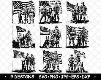 Żołnierz wojskowy SVG Pakiet Patriotyczna flaga Clipart Weteran Pies Wektor Czarno-biały Sztuka Służbowa
