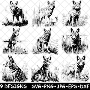 Coyote Wolf Jackal Desert Amerikaanse wilde hond Western Bush laserbestand SVG PNG JPG grijswaarden afbeelding branden gesneden vector Coaster zwart wit CNC hout