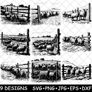 Schaf Lamm Wollziege Rustikal Bauernhof Scheune Zaun Ranch Szene Tier SVG, Dxf, Eps, PNG, Cricut, Silhouette, Schneiden, Laser, Schablone, Aufbügeln, Clipart, Drucken