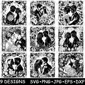 Bruid en bruidegom bruidsboeket bloemen romantisch paar laserbestand SVG PNG JPG grijswaarden afbeelding branden gesneden vector Coaster zwart wit CNC hout