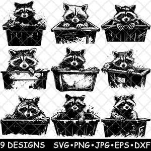 Benne à déchets raton laveur poubelle plongeur charognard déchets bestiole fichier laser SVG PNG JPG niveaux de gris gravure image coupe vecteur sous-bock noir blanc bois cnc