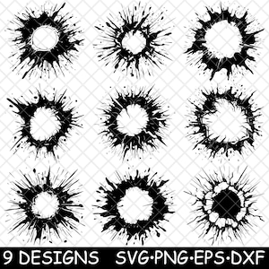 May include: Nine black and white ink splatter designs with a circular hole in the center. The designs are perfect for creating unique crafts, logos, or backgrounds.
