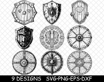 Medieval Shield Clipart Bundle | Hand Drawn Viking Knight Shields PNG SVG | Fantasy Heraldry Set for Stickers, Laser Engraving, Wall Art