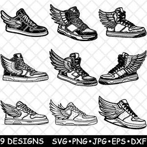 Könnte beinhalten: Neun schwarz-weiße Designs von Sneakern mit Flügeln. Die Sneaker sind hoch geschnitten und haben ein klassisches Design. Die Flügel sind stilisiert und scheinen an der Rückseite der Sneaker befestigt zu sein.