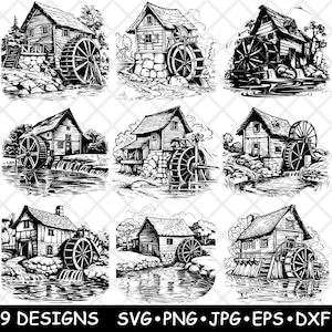 May include: Nine black and white illustrations of watermills. Each illustration features a different perspective of a watermill with a water wheel and a small building.