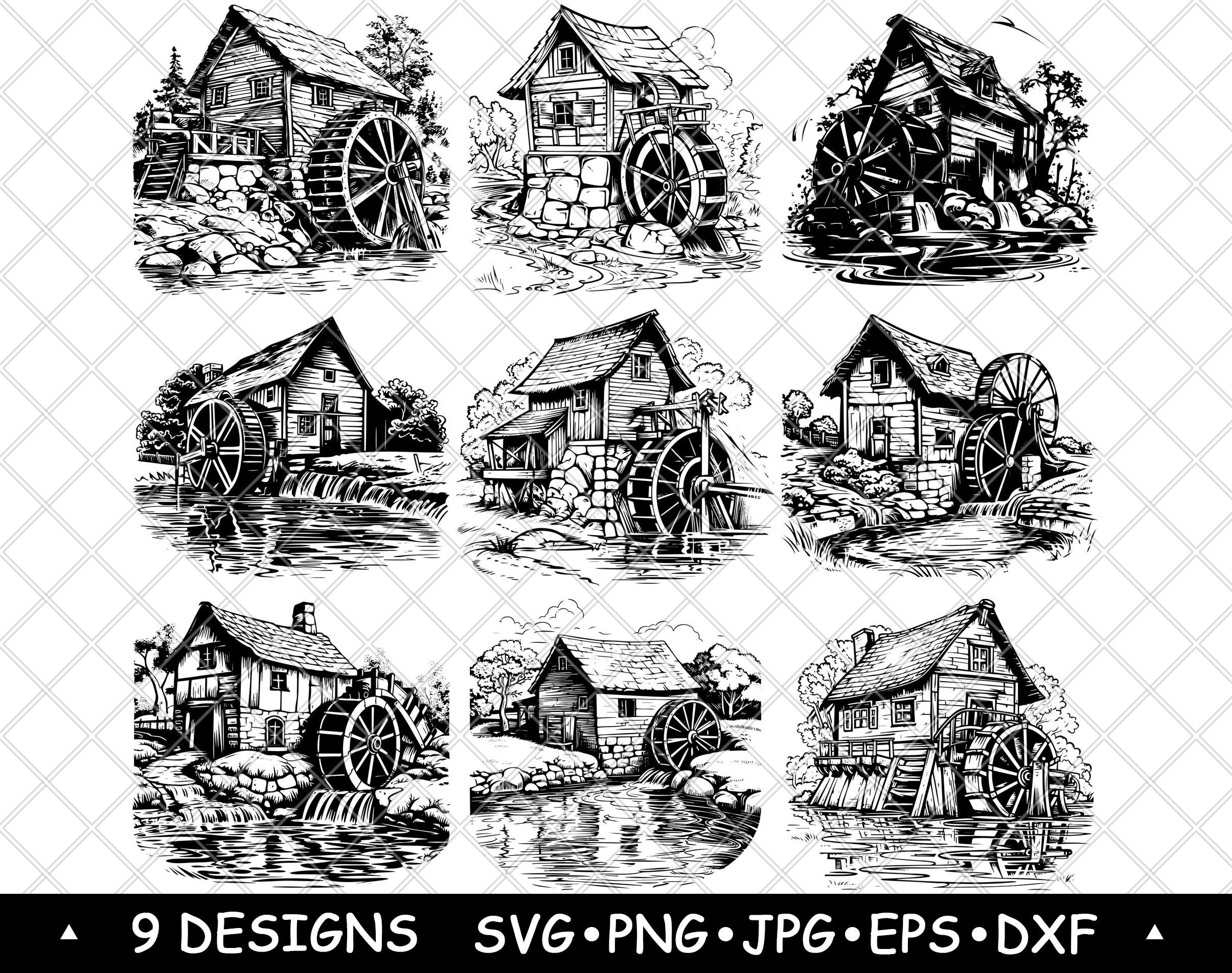 Watermill Old Wheel Hydropower River Bank Stream Turbine Laser File SVG PNG JPG Grayscale Burn Image Cut Vector Coaster Black White Cnc Wood