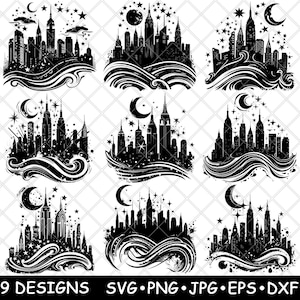 Skyline van New York City Manhattan Tower wolkenkrabber fantasie laserbestand SVG PNG JPG grijswaarden afbeelding branden gesneden vector Coaster zwart wit CNC hout