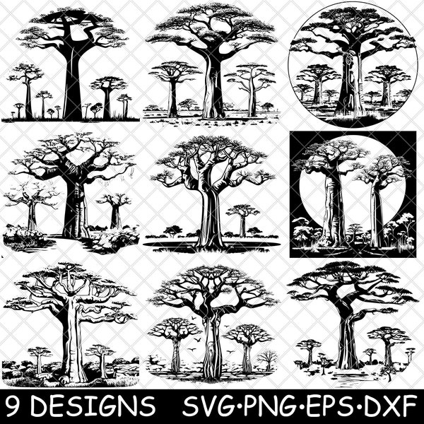 Baobab géant Boab Tree Life Africain Adasonia Digitata Reniala SVG,Dxf,Eps,PNG,Cricut,Silhouette,Cut,Laser,Pochoir,Iron-on,Clipart,Print