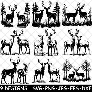 Könnte beinhalten: Neun Schwarz-Weiß-Silhouetten-Designs von Hirschen in einer Waldlandschaft. Jedes Design zeigt ein Hirschpaar, das in einem Wald mit Bäumen steht.
