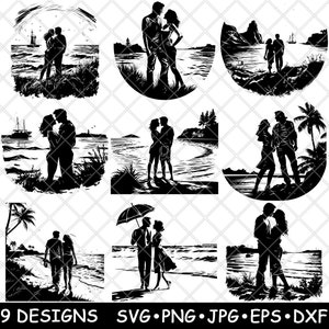 Beach Couple SVG Bundle Romantic Ocean Clipart Lovers Silhouette Vector Wedding Decor Laser PNG
