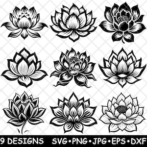 Fiore di loto Sacro fiore Ninfea Pianta acquatica Petalo File laser SVG PNG JPG Scala di grigi Immagine bruciata Taglio Vettore Sottobicchiere Nero Bianco Legno CNC