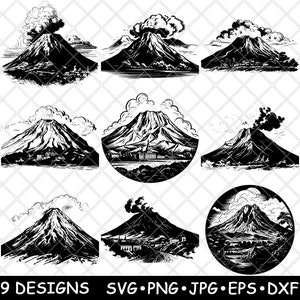 Puede incluir: Una colección de nueve diseños de volcanes en blanco y negro. Cada diseño presenta una ilustración detallada de un volcán con humo o nubes, algunos con paisajes circundantes. El texto "9 DESIGNS SVG PNG JPG EPS DXF" se encuentra en la parte inferior.