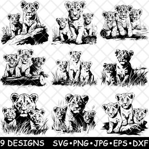 Família de filhotes de leão África selvagem Savannah Família fofa Gato grande predador SVG,Dxf,Eps,PNG,Cricut,Silhueta,Corte,Laser,Estêncil,Ferro de passar,Clipart,Impressão