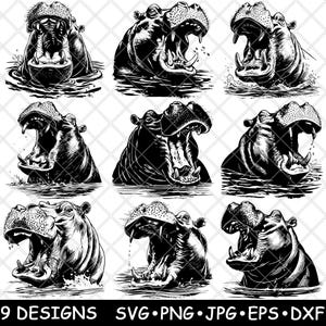 Ippopotamo Testa Acqua Scena Animale Selvatico Esotico Mammifero Natura Laser File SVG PNG JPG Scala di Grigi Brucia Immagine Tagliata Vettore Sottobicchiere Nero Bianco Cnc Legno