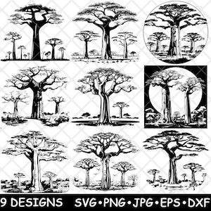 Alberi di baobab giganti, vita africana, adansonia reniala, file laser SVG, PNG, JPG, scala di grigi, bruciatura, immagine, taglio, vettore, sottobicchiere, bianco e nero, legno CNC