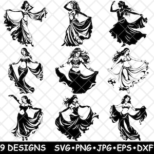 Danza del ventre Raks Sharqi Medio Oriente Cabaret Raq Shaabi File laser SVG PNG JPG Scala di grigi Immagine bruciata Taglio vettoriale Sottobicchiere Nero Bianco Legno CNC