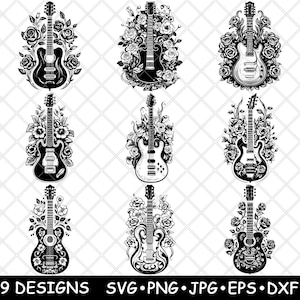 Gitaar Bloemen Muziek Instrument Akoestisch Elektrisch Bloemen Laserbestand SVG PNG JPG grijswaarden afbeelding branden gesneden vector Coaster zwart wit CNC hout