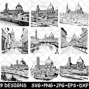以下が含まれることがあります： イタリアのフィレンツェの街を描いた、黒と白の線画9点。それぞれの絵には、ドゥオモ、アルノ川、周辺の建物が描かれている。絵は様々なスタイルで描かれており、中には非常に詳細な絵もある。
