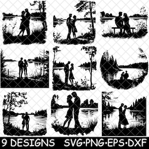Couple romantique amoureux du lac, couple au bord du lac embrasser baiser fichier laser SVG PNG JPG en niveaux de gris gravure image coupe vecteur sous-verre noir blanc cnc bois