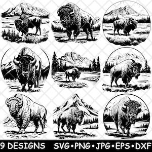 Grand Teton Bison Buffalo National State Park Berg Laser Datei SVG PNG JPG Brennen Bild geschnitten Vektor Untersetzer Schwarz Weiß Cnc Holz