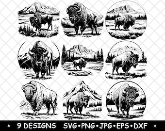 Bison SVG Buffalo Mountain Wildlife Silhouettes Western Prairie Vector Laser Engraving Cricut Files