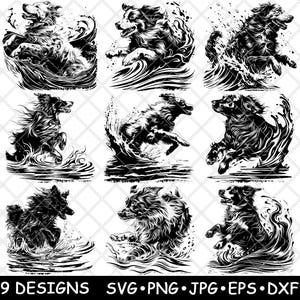 Hond springt op water spatten speels honden harige huisdier laserbestand SVG PNG JPG grijswaarden afbeelding branden gesneden vector Coaster zwart wit CNC hout