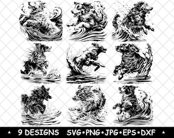 Dog in Water SVG Bundle Splashing Canine Clipart Ocean Wave Pet Designs Laser Engraving