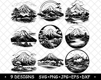 Mount Fuji SVG Japanese Mountain Clipart Lake Landscape Vector Scenic Nature Laser Engraving Design