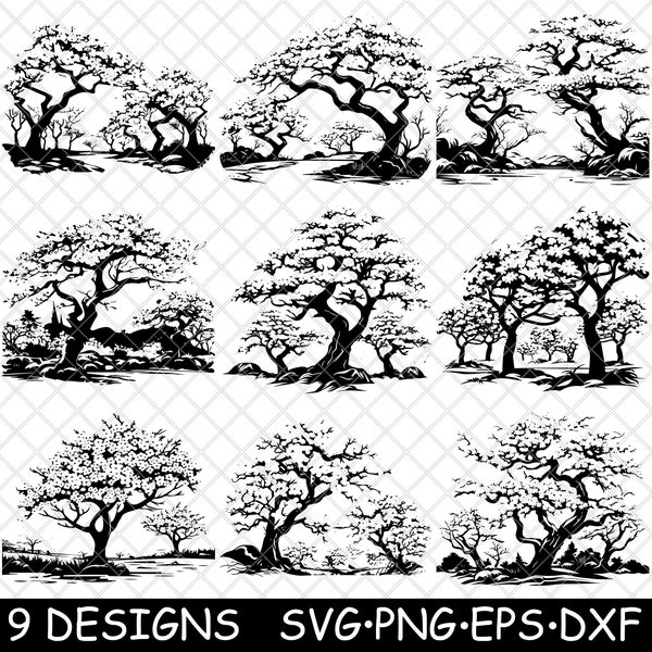 Sakura cerisiers en fleurs arbres japonais hanami bonsaï dessous de verre noir blanc fichier laser SVG Dxf PNG Glowforge coupe Lightburn graver dessous de verre Cnc