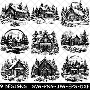 Cena de inverno de Natal, cabana de madeira com neve, chalé festivo, arquivo laser SVG, PNG, JPG, escala de cinza, imagem queimada, corte vetorial, porta-copos, preto, branco, madeira CNC