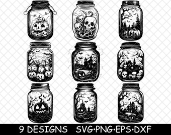 May include: Nine black and white illustrations of mason jars with various Halloween themes. The jars contain images of pumpkins, skulls, bats, haunted houses, and other spooky elements.