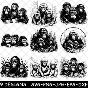 Baby apen chimpansee jungle primaat familie aap Wildlife laserbestand SVG PNG JPG grijswaarden afbeelding branden gesneden vector Coaster zwart wit CNC hout