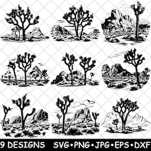 May include: Nine black and white silhouette designs of Joshua Tree National Park landscapes. Each design features a Joshua Tree, mountains, and desert vegetation.