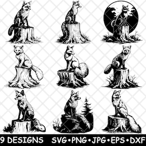 Puede incluir: Nueve diseños de zorros en blanco y negro. Cada ilustración de zorro está posada sobre un tocón de árbol. Las ilustraciones de zorros varían en pose y detalle. La parte inferior de la imagen incluye el texto "9 DESIGNS SVG PNG JPG EPS DXF".