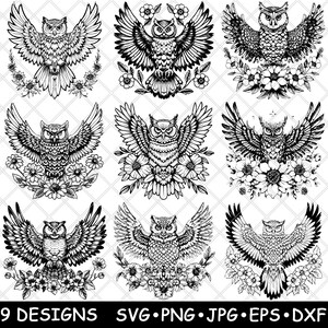 Uil gespreid vleugels bloemen nachtelijk bos Wildlife Art laserbestand SVG PNG JPG grijswaarden afbeelding branden gesneden vector Coaster zwart wit CNC hout