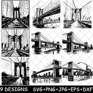 Ponte di Brooklyn New York Landmark Sospensione Manhattan File laser SVG PNG JPG Scala di grigi Immagine bruciata Tagliata Vettore Sottobicchiere Nero Bianco Cnc Legno