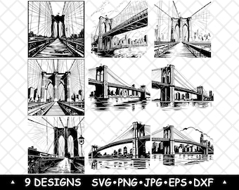 Brooklyn Bridge New York Landmark Suspension Manhattan Laser File SVG PNG JPG Grayscale Burn Image Cut Vector Coaster Black White Cnc Wood