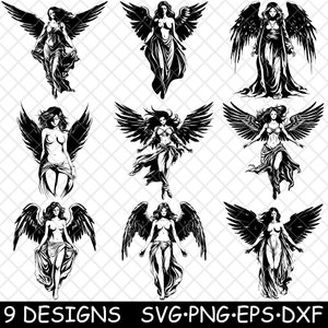 May include: Nine black and white vector illustrations of angels with wings. Each angel is depicted with a different pose and expression.