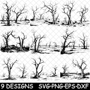May include: Nine black and white silhouette designs of bare trees with branches. The trees are in various poses and sizes. The designs are perfect for crafting projects, scrapbooking, and digital design.