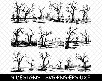 Dead Tree Bundle Bare Branch Clipart Haunted Forest Vector Gothic Nature Decor Laser PNG