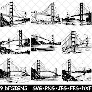Golden Gate Bridge San Francisco Kalifornien berühmten Strait Bay Symbol SVG, Dxf, Eps, PNG, Cricut, Silhouette, Schneiden, Laser, Schablone, Aufkleber, Clipart, Drucken