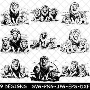 Pack de groupe familial Fierté des lions, petits mâles alpha, mammifères sauvages, SVG, DXF, Eps, PNG, Cricut, Silhouette, découpe, laser, pochoir, autocollant, clipart, impression