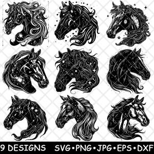 Testa di cavallo celeste Stelle cosmiche Equino incantato West Laser File SVG PNG JPG Scala di grigi Immagine bruciata Tagliata Vettore Sottobicchiere Nero Bianco Legno CNC