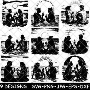 カップルのロマンチックなビーチのシーン、夕日、海の波、海辺、レーザーファイル、SVG、PNG、JPG、グレースケール、焼き込み画像、カット、ベクター、コースター、黒、白、CNC、木材