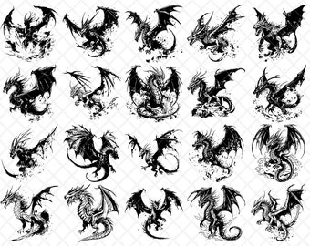 Dragon Clipart Dark Fantasy Dragon PNG SVG Mythical Winged Dragons Set for Stickers, Cricut, Laser Engraving