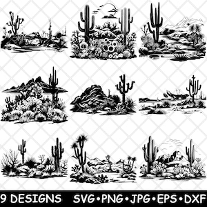 Paisaje desértico, suculentas, cactus, desierto árido, archivo láser, SVG, PNG, JPG, escala de grises, imagen quemada, corte vectorial, posavasos, blanco y negro, CNC, madera