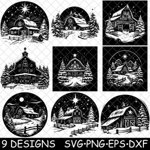 Rustic Barn Old Farm Ranch Vintage Christmas Snowy Log Cabin House SVG,Dxf,Eps,PNG,Cricut,Silhouette,Cut,Laser,Stencil,Iron-on,Clipart,Print