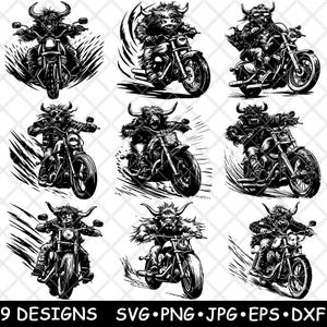 Highland Cow motorfiets Shaggy Buffalo Bull Rider Rebel laserbestand SVG PNG JPG grijswaarden branden afbeelding gesneden vector Coaster zwart wit CNC hout